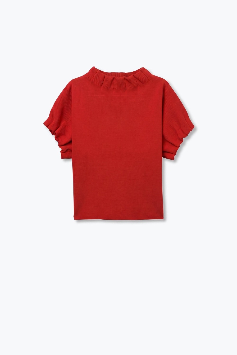 Su&eacute;ter Rojo de Punto Fino con Cuello Alto Fruncido y Manga Corta