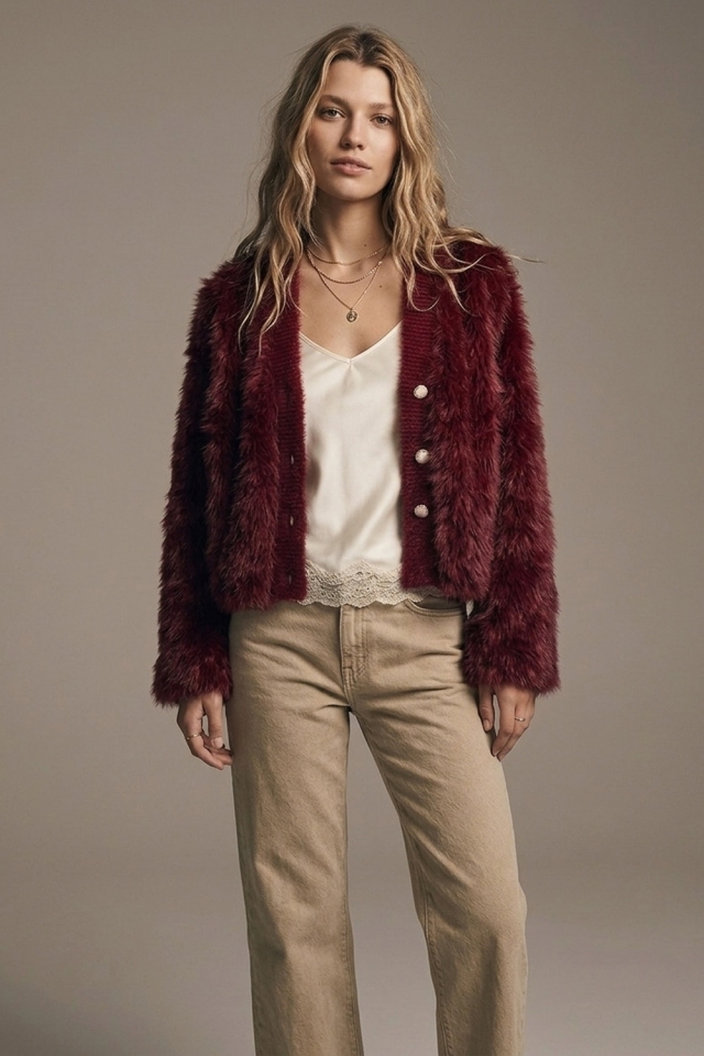 Cropped Jacket in burgundy in fine fur