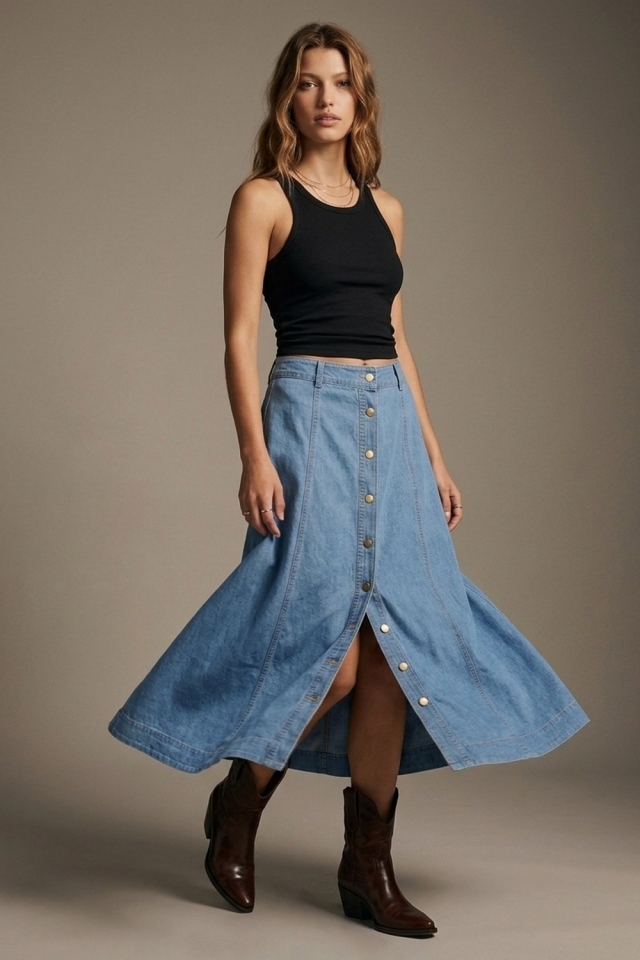 Falda midi de l&iacute;nea A azul denim r&iacute;gida sin elasticidad con botones delanteros