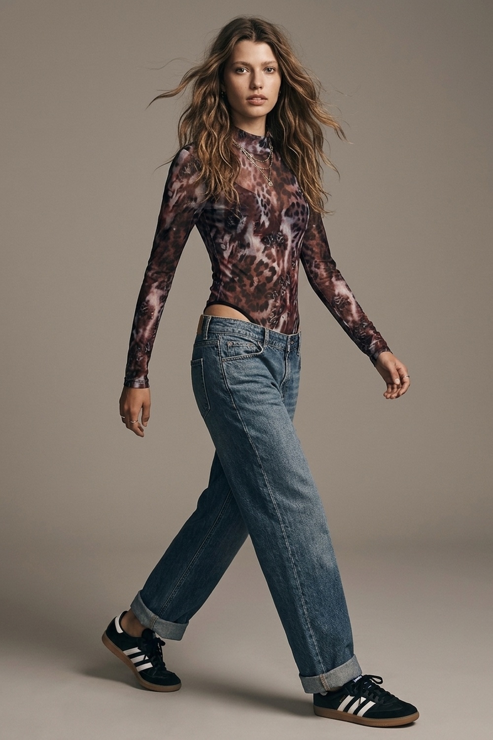 Body de malla transparente con cuello alto y manga larga en estampado animal burdeos