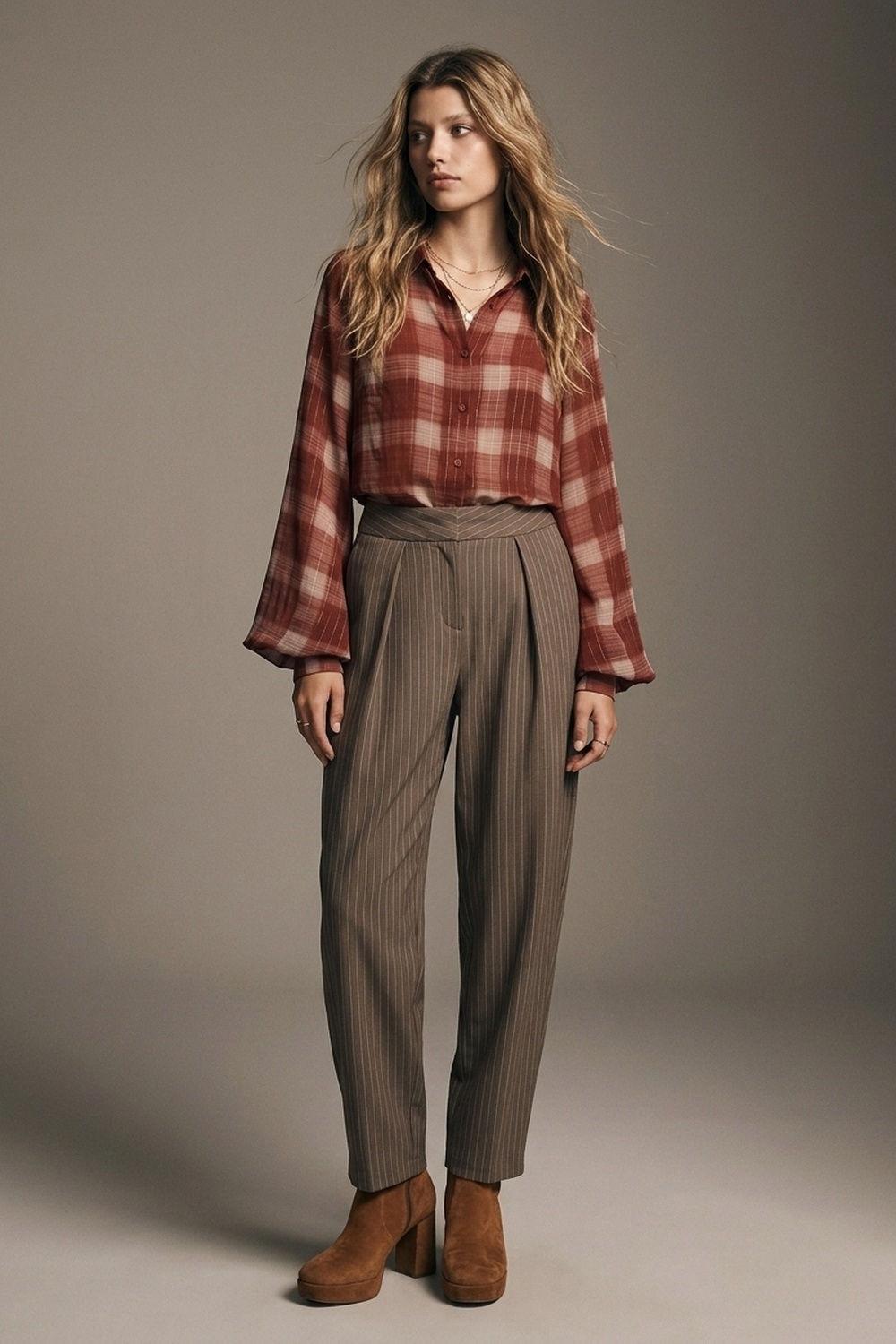 Pantalones c&oacute;nicos plisados de tela suave marr&oacute;n a rayas