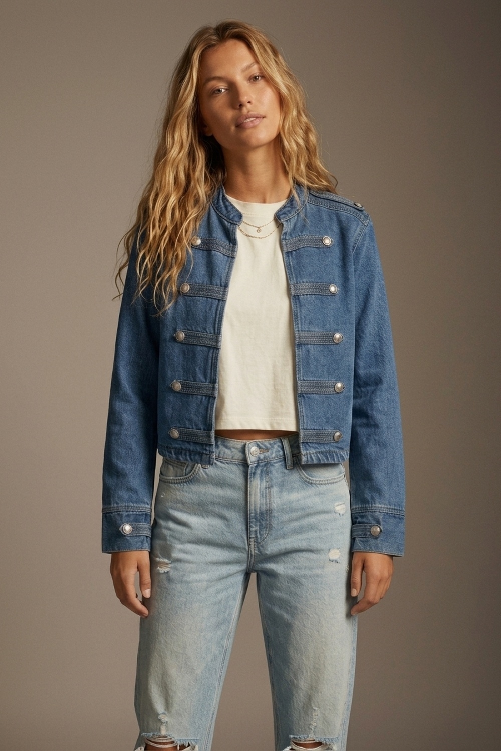 Chaqueta Militar Azul Denim R&iacute;gida Sin Estiramiento con Botones y Corte Recortado