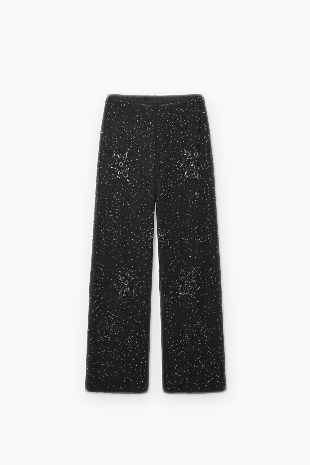 Pantalones anchos de malla transparente con cuentas florales negras y lentejuelas Pantalones anchos de malla transparente con cuentas florales negras y lentejuelas