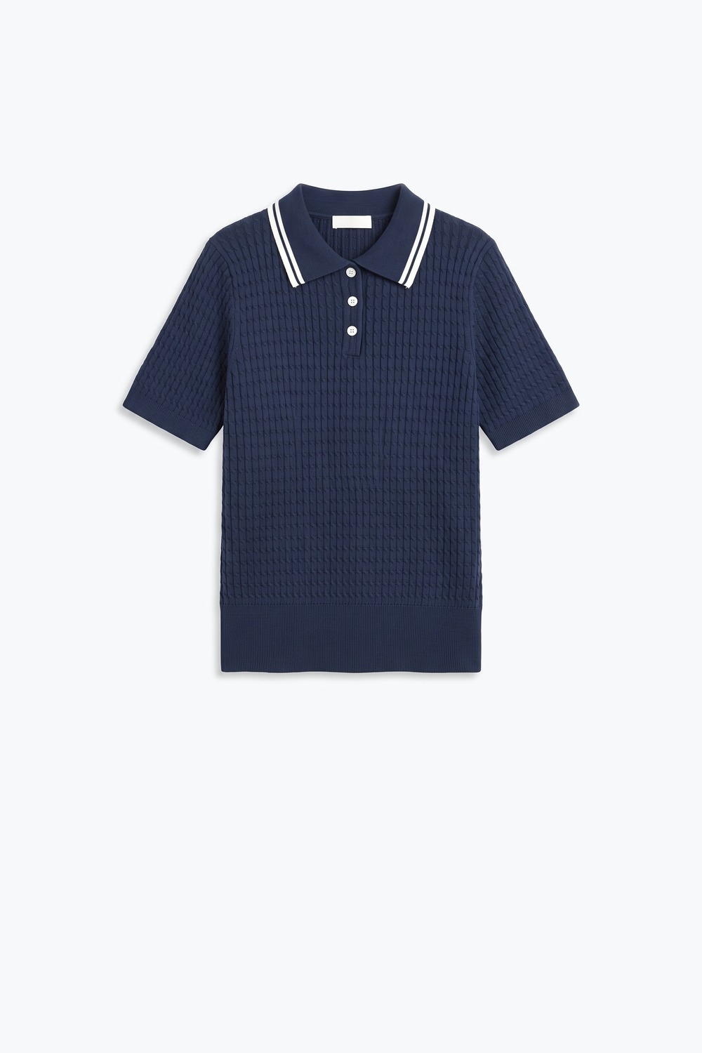 Top Polo de Manga Corta con Cuello a Rayas de Tejido de Punto Trenzado Azul Marino Top Polo de Manga Corta con Cuello a Rayas de Tejido de Punto Trenzado Azul Marino