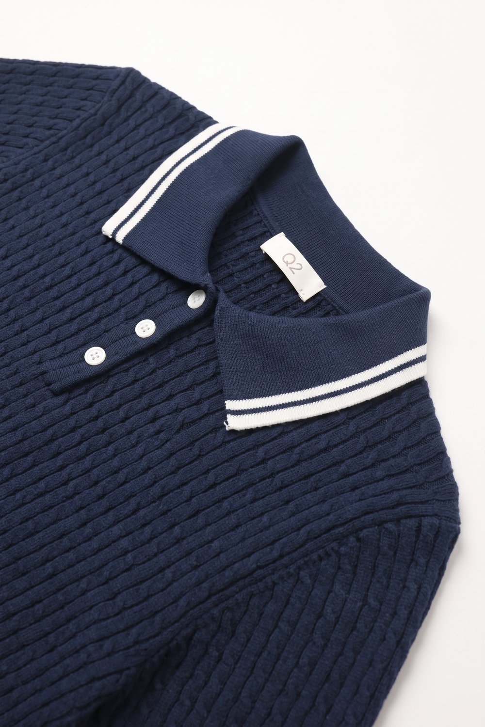 Top Polo de Manga Corta con Cuello a Rayas de Tejido de Punto Trenzado Azul Marino Top Polo de Manga Corta con Cuello a Rayas de Tejido de Punto Trenzado Azul Marino