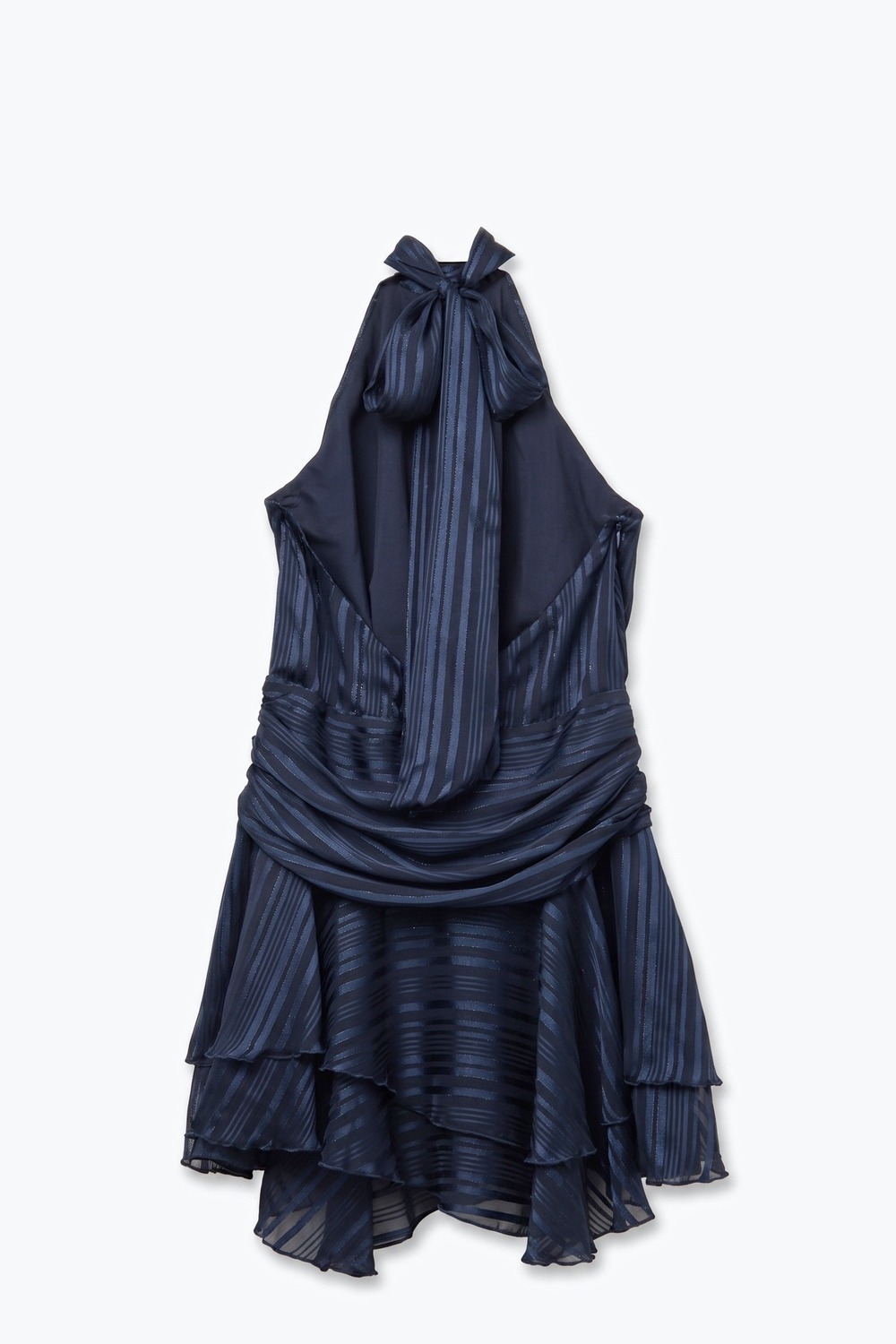 Vestido Mini a Rayas Azul Marino de Satén con Cuello Halter y Espalda Abierta a Capas Vestido Mini a Rayas Azul Marino de Satén con Cuello Halter y Espalda Abierta a Capas