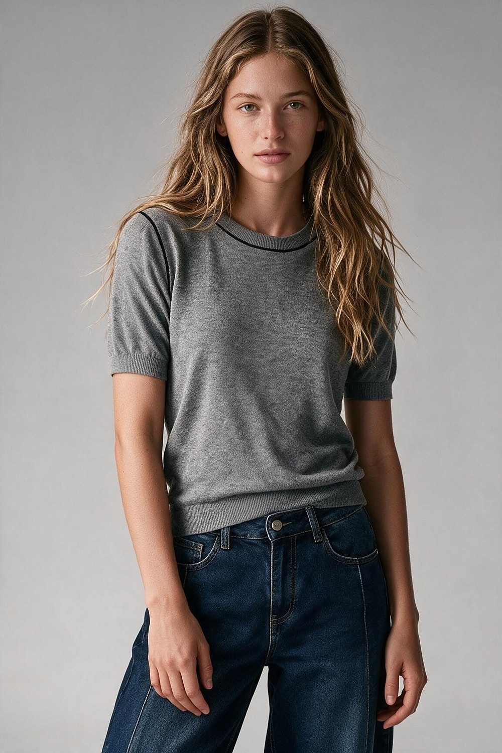 Suéter gris de punto fino con costura en contraste y cuello redondo de manga corta Suéter gris de punto fino con costura en contraste y cuello redondo de manga corta