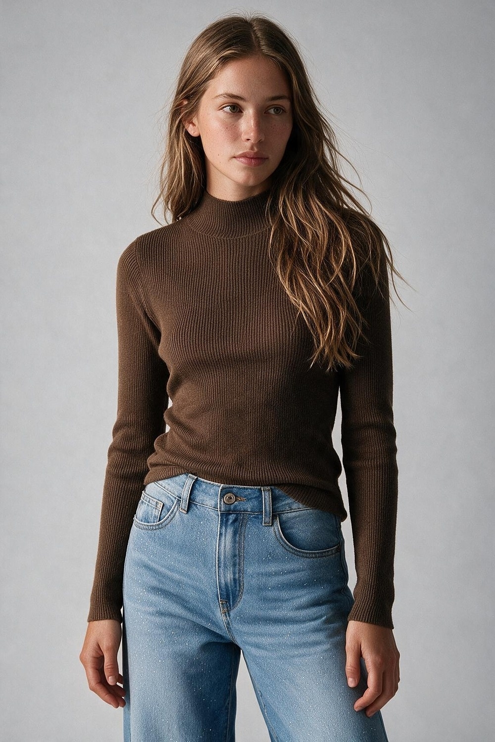 Su&eacute;ter de lana merino de canal&eacute; fino en color camel con cuello simulado
