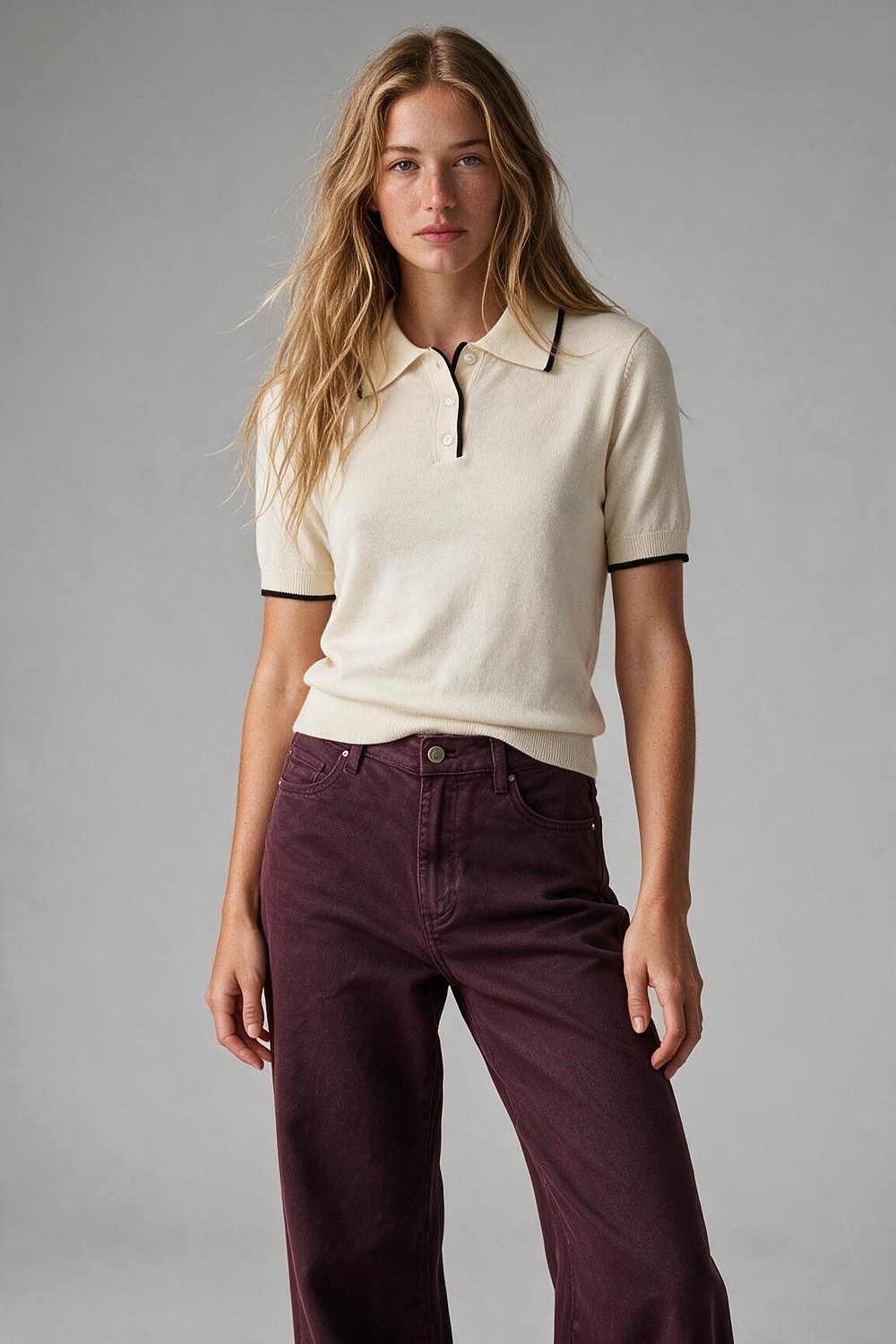 Suéter de punto fino crema con ribete en contraste y cuello de polo con botones Suéter de punto fino crema con ribete en contraste y cuello de polo con botones