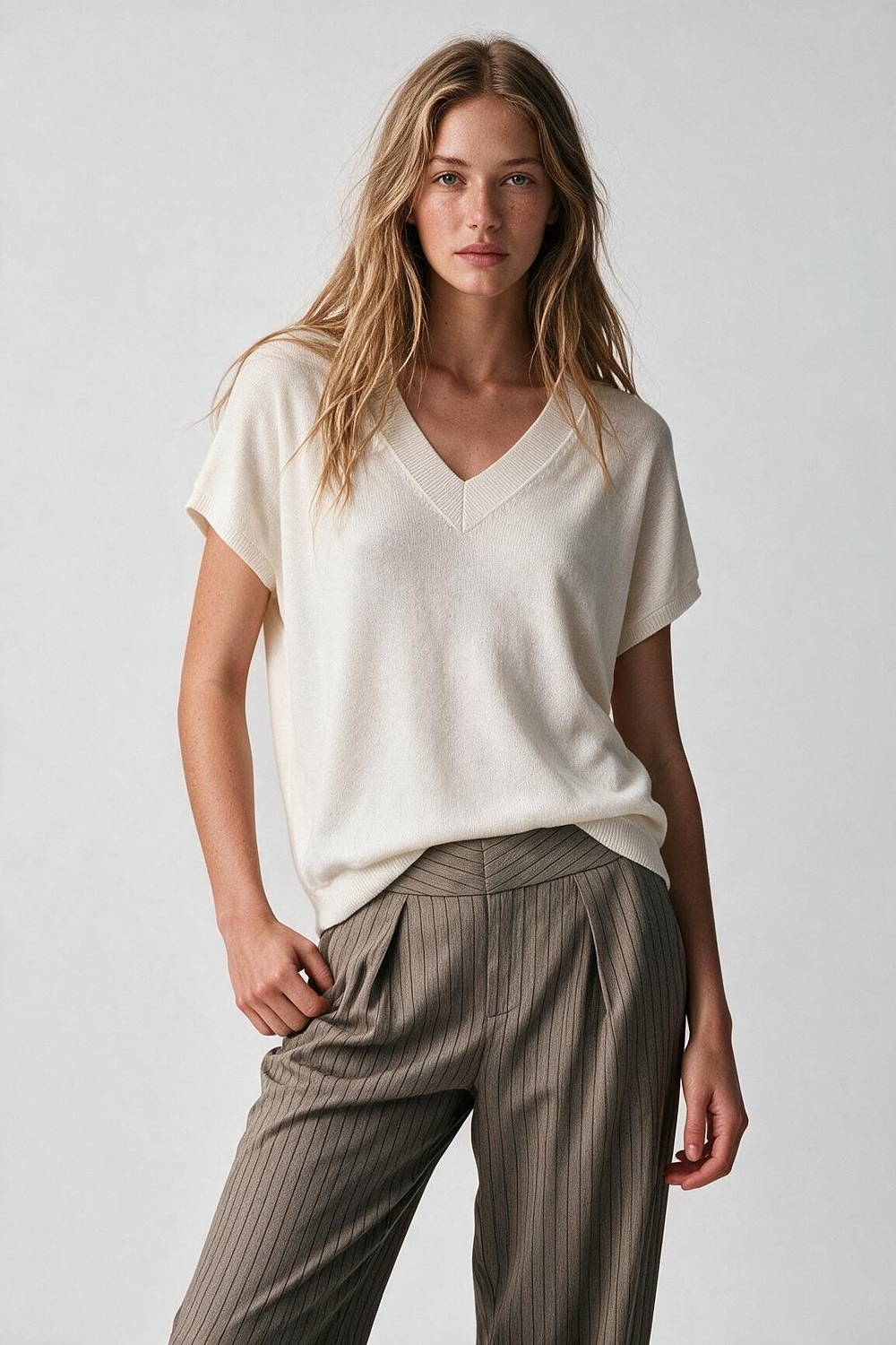 Suéter Blanco de Punto Fino con Cuello en V y Mangas Cortas Tipo Dolman con Hombros Caídos Suéter Blanco de Punto Fino con Cuello en V y Mangas Cortas Tipo Dolman con Hombros Caídos