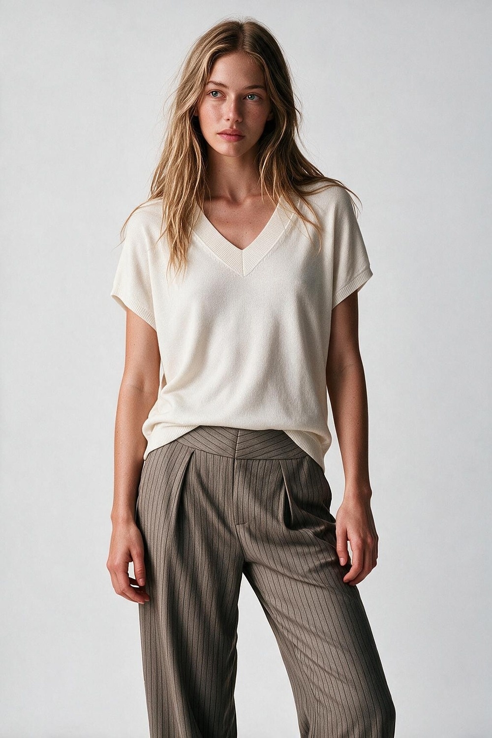 Suéter Blanco de Punto Fino con Cuello en V y Mangas Cortas Tipo Dolman con Hombros Caídos Suéter Blanco de Punto Fino con Cuello en V y Mangas Cortas Tipo Dolman con Hombros Caídos