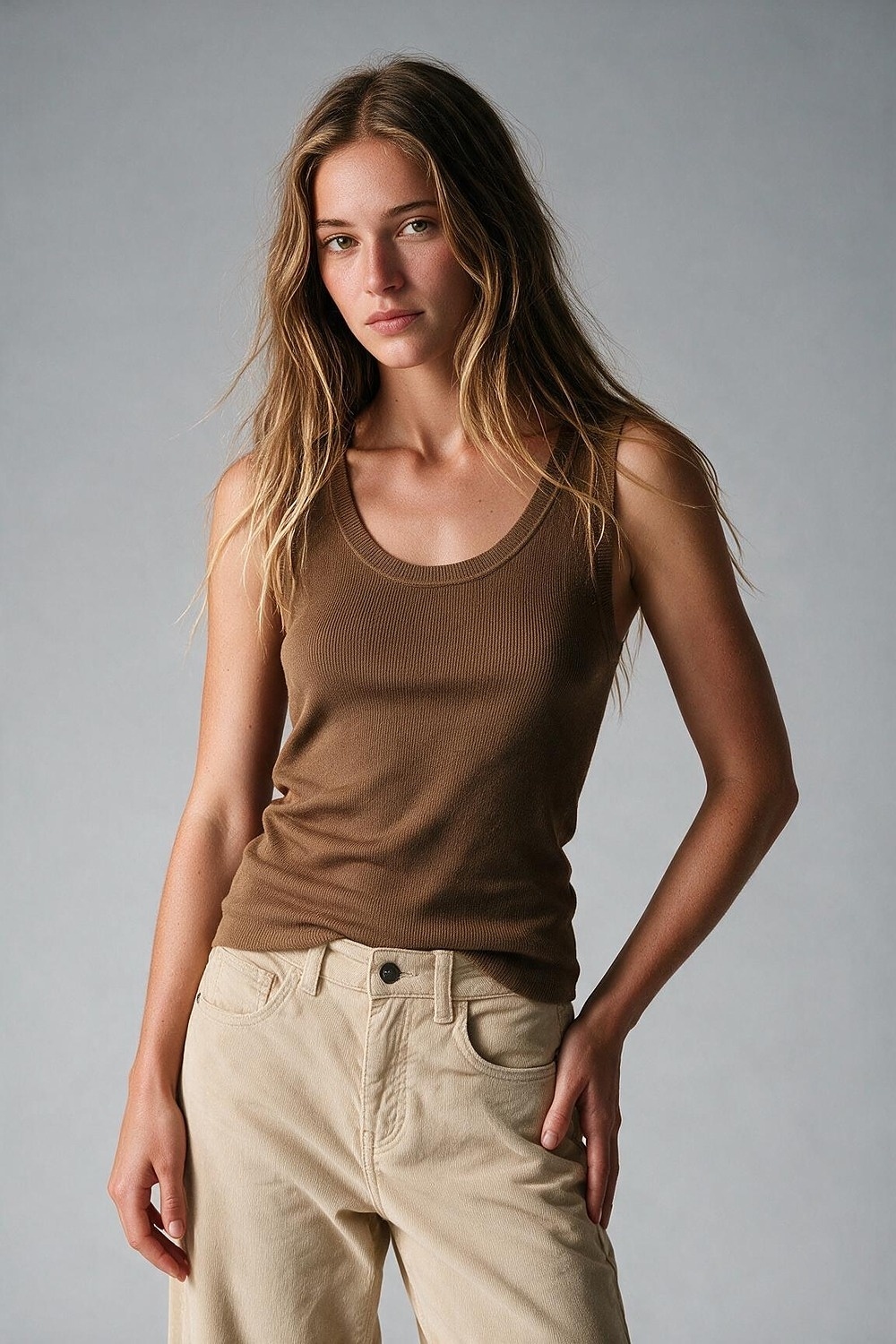 Suéter sin mangas de punto fino de canalé color camel con cuello redondo y tirantes anchos Suéter sin mangas de punto fino de canalé color camel con cuello redondo y tirantes anchos