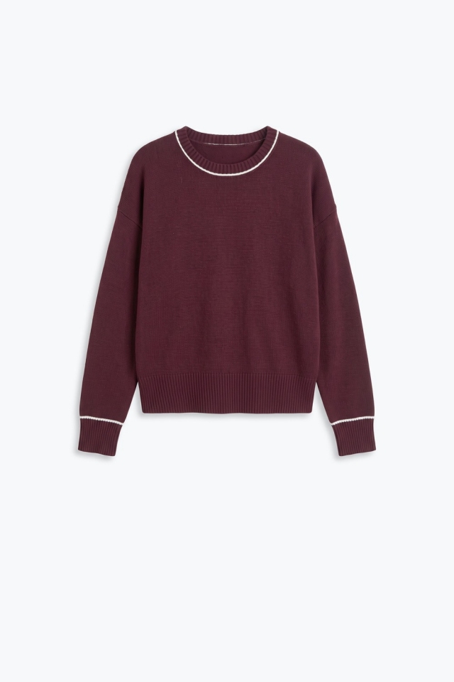 Burgundy warm Knit Contrast Trim Cropped Crew Neck Sweater