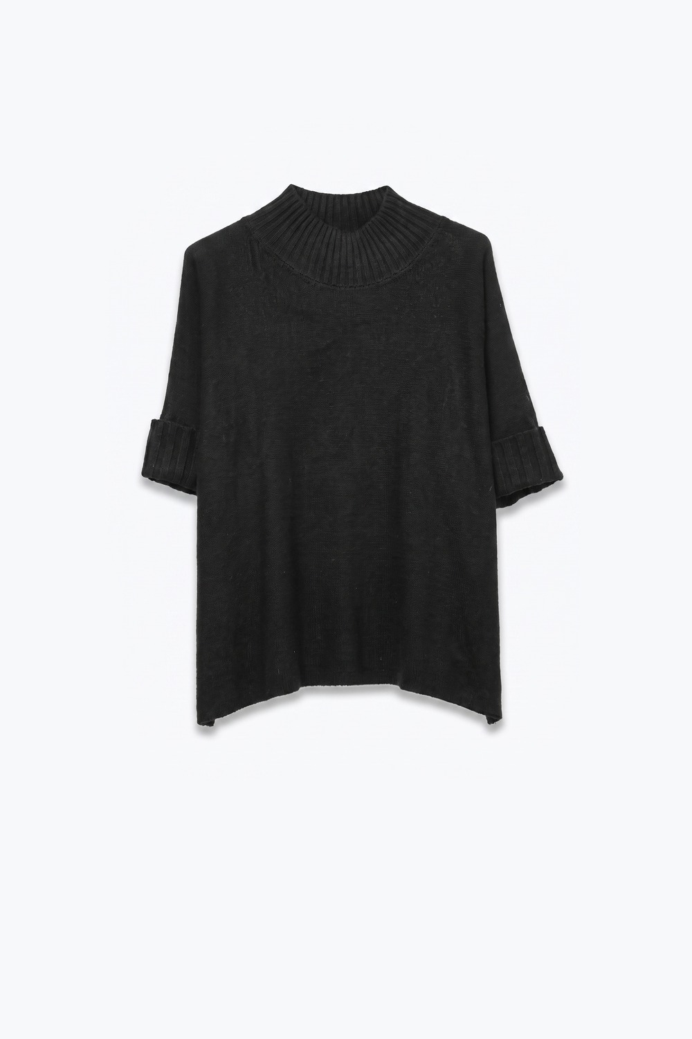 Suéter negro cálido de punto acanalado con cuello alto y ajuste relajado con manga hasta el codo Suéter negro cálido de punto acanalado con cuello alto y ajuste relajado con manga hasta el codo