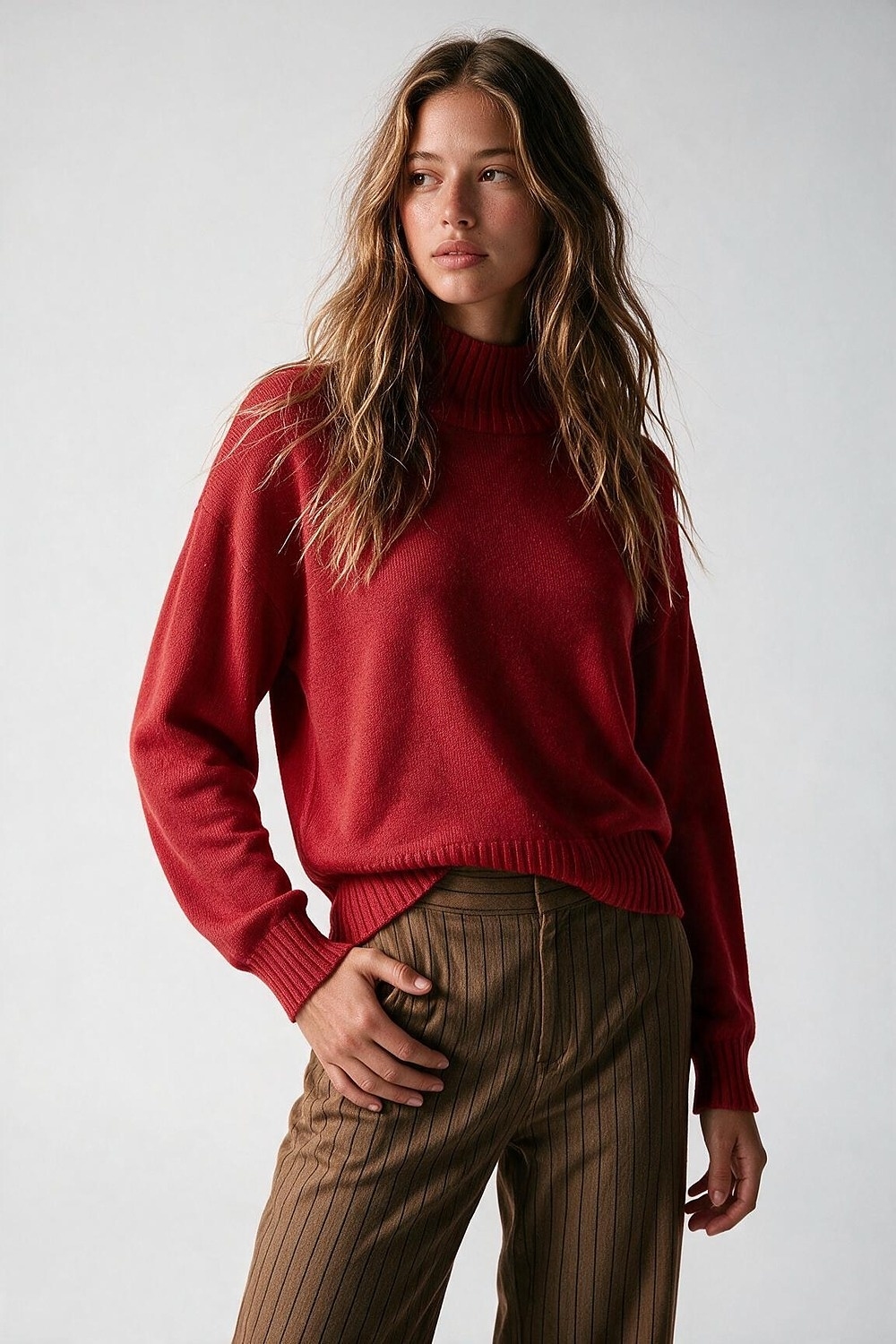 Su&eacute;ter de cuello alto de manga larga de punto acanalado suave rojo