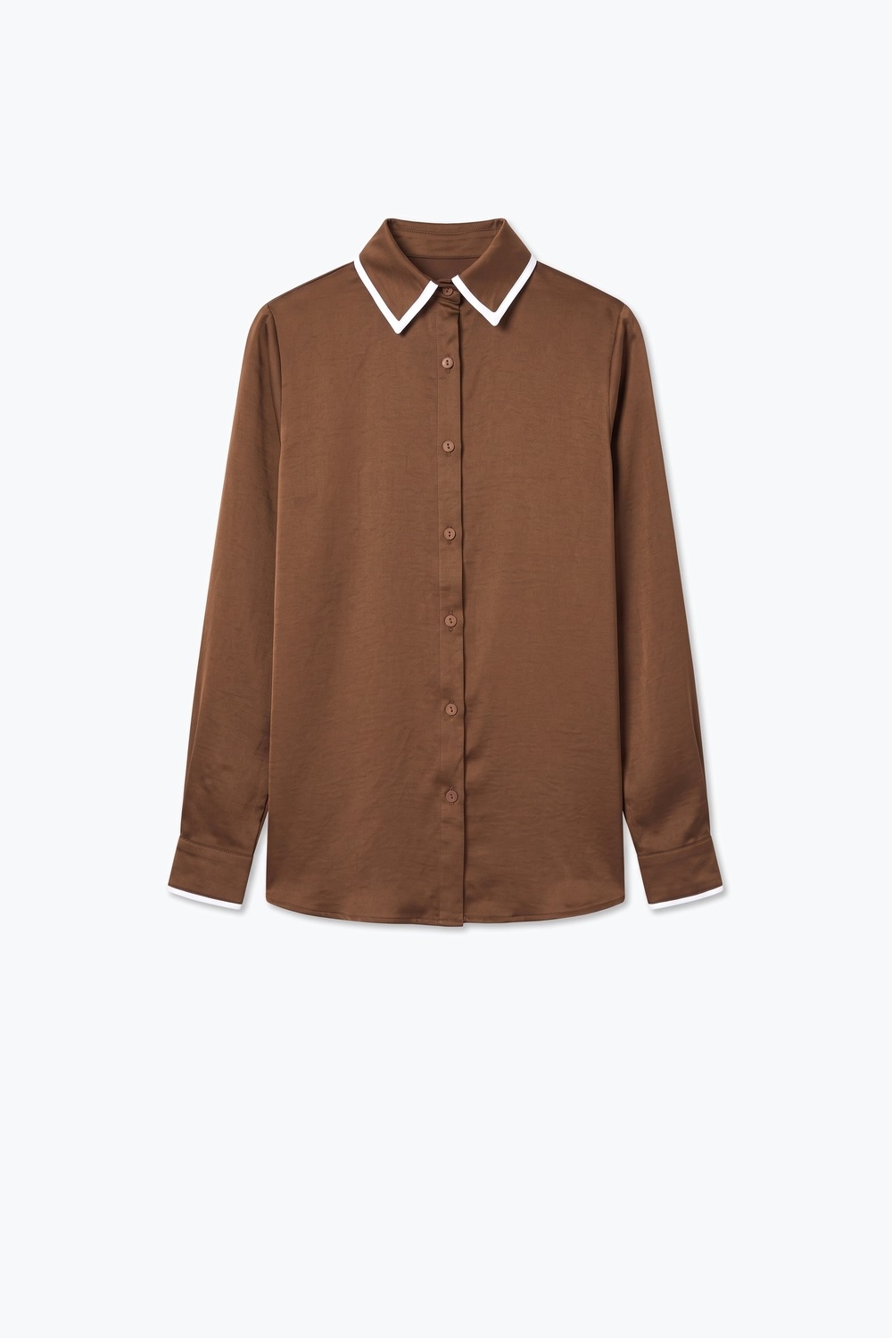Camisa de botones de manga larga con cuello de contraste en satén marrón Camisa de botones de manga larga con cuello de contraste en satén marrón