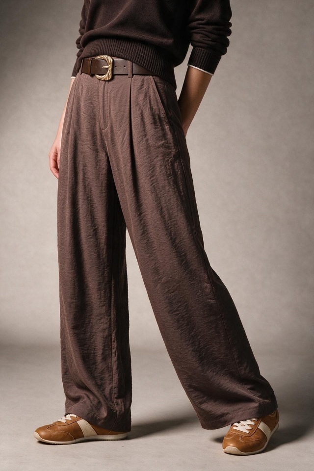 Pantalones anchos de pierna con detalle de pliegues, cintur&oacute;n y textura tejida en color marr&oacute;n.
