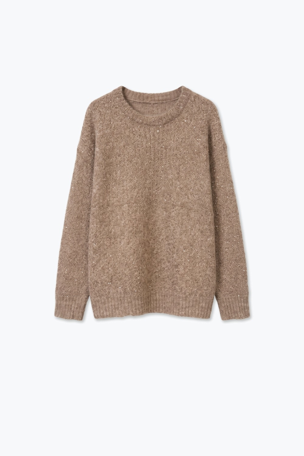 Suéter Beige de Punto Cepillado con Lentejuelas y Cuello Redondo con Ribete Acanalado Suéter Beige de Punto Cepillado con Lentejuelas y Cuello Redondo con Ribete Acanalado