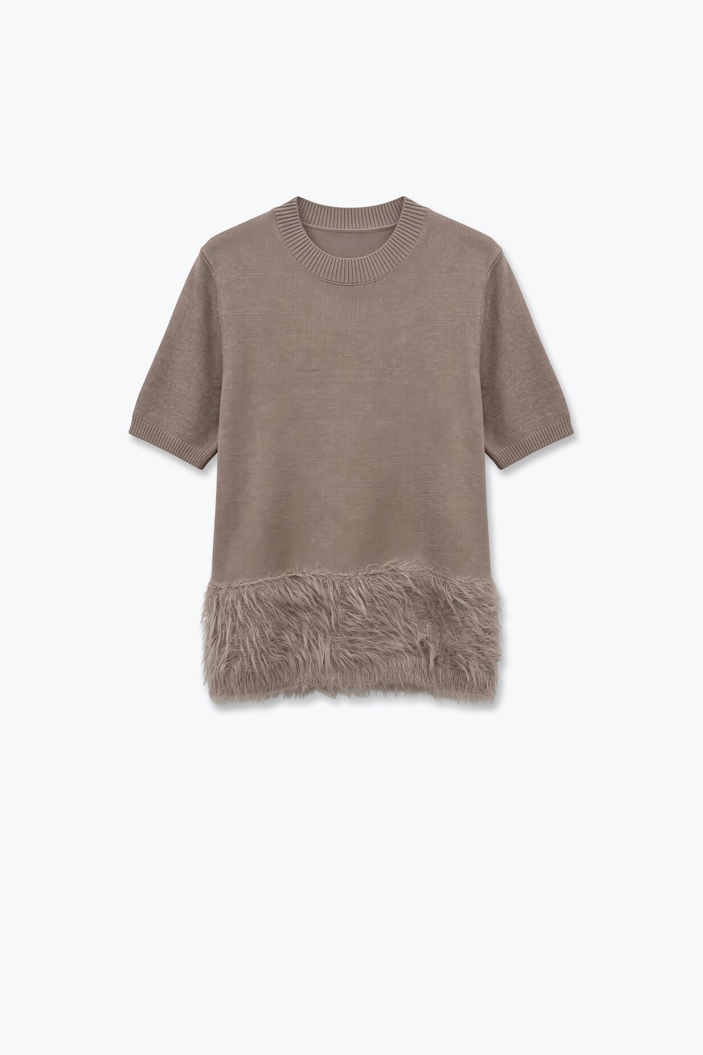Su&eacute;ter Beige de Punto Fino con Dobladillo de Plumas y Cuello Redondo Acanalado