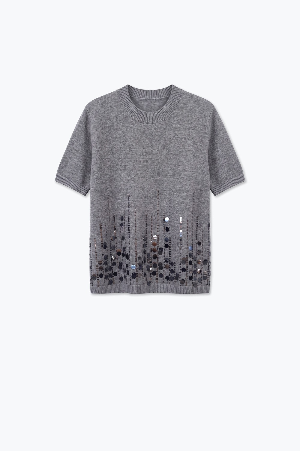 Top gris de punto suave con lentejuelas y cuello redondo acanalado Top gris de punto suave con lentejuelas y cuello redondo acanalado