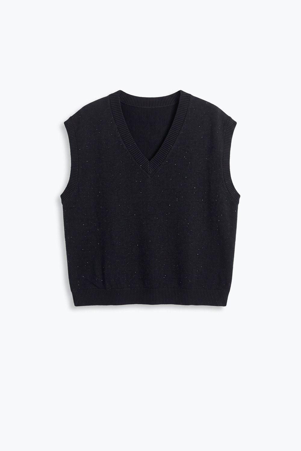 Chaleco de punto suave negro con ribete acanalado en el cuello en V y adornado con lentejuelas