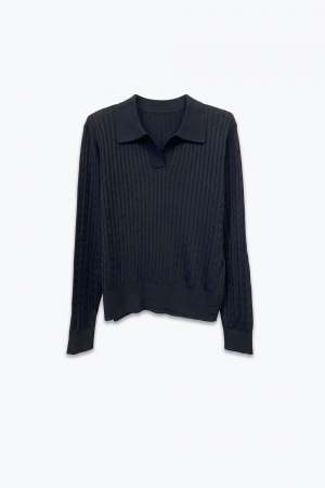 Suéter de punto con cuello polo y ribete acanalado en mezcla de lana merino negra