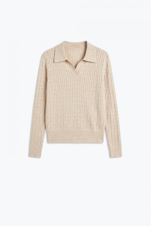 Suéter Beige de Mezcla de Lana Merino con Cuello Polo de Punto Trenzado y Manga Larga
