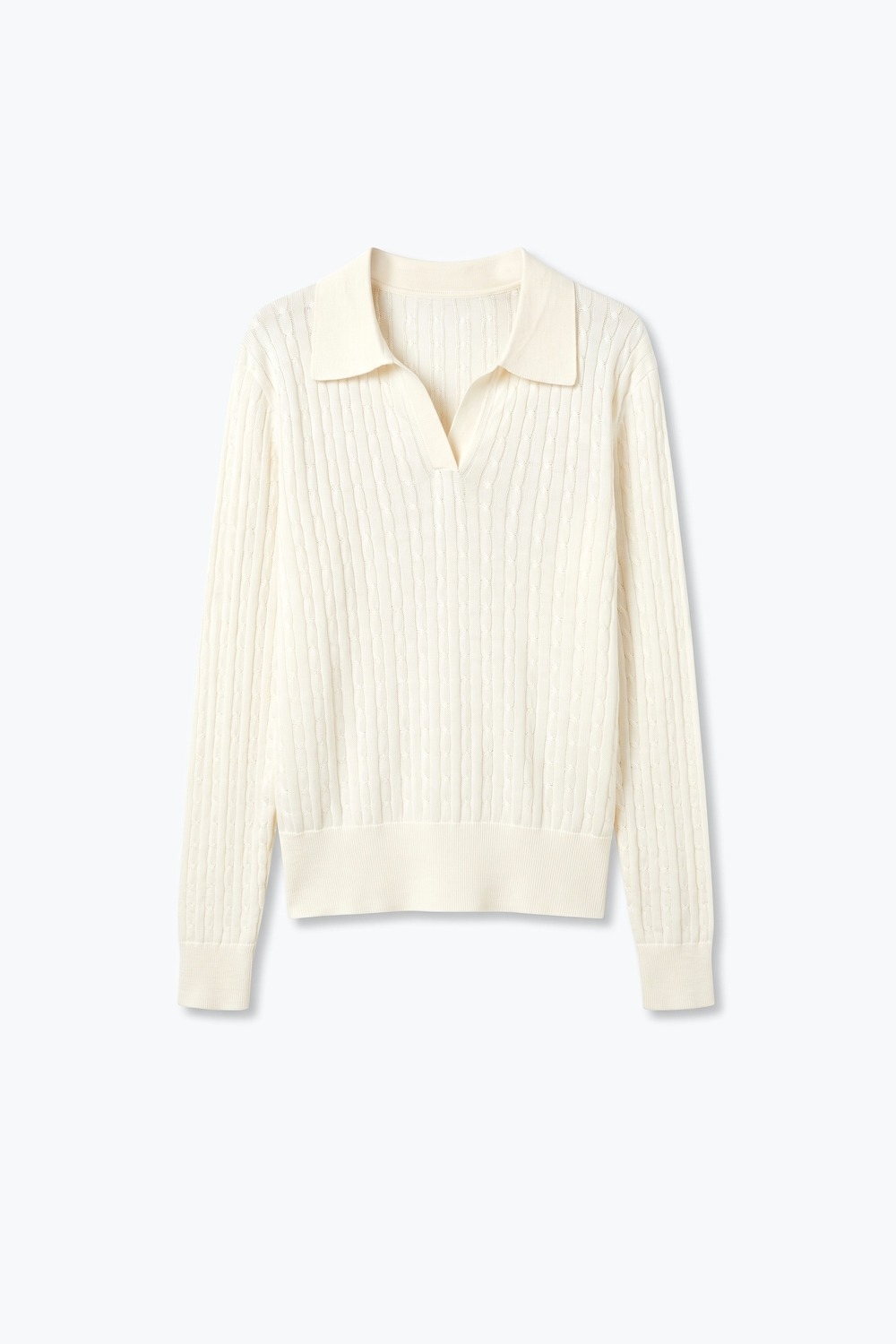 Su&eacute;ter de cuello polo de punto trenzado de mezcla de lana merino color crema con ribete acanalado