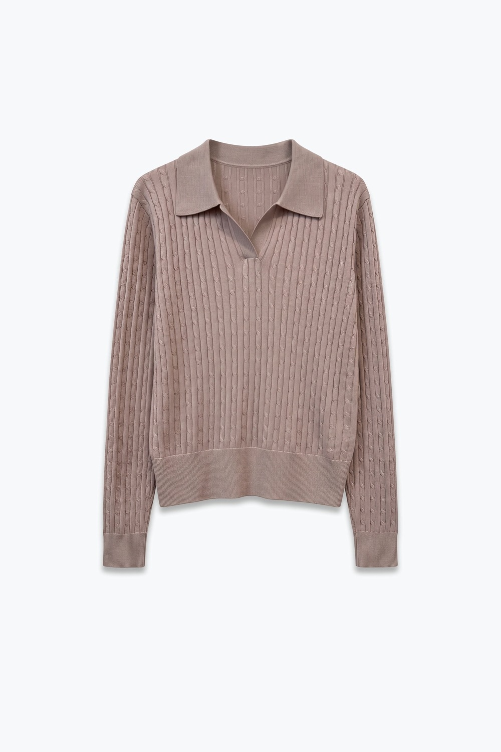 Su&eacute;ter de Punto con Cuello Polo de Mezcla de Lana Merino Rosa con Textura de Cable y Ribete Acanalado