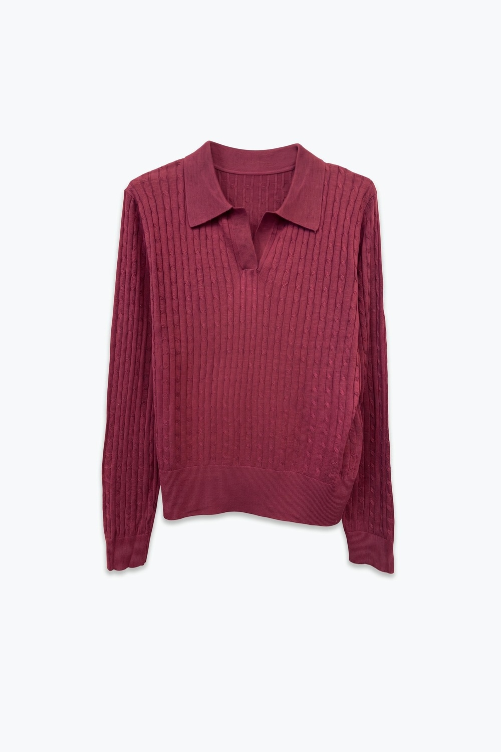 Su&eacute;ter de punto de mezcla de lana Merino burdeos con cuello de polo y dobladillo acanalado