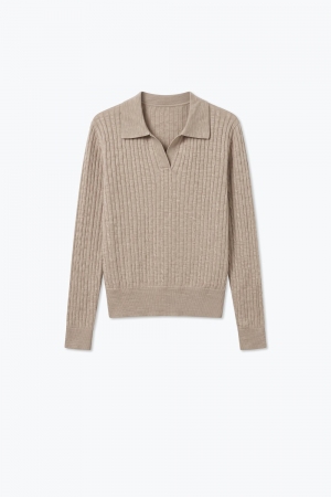 Mezcla de Lana Merino Fango Tejido de Punto Abierto con Cuello Polo y Ribetes Acanalados