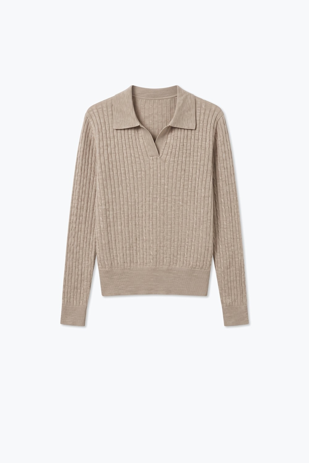 Mezcla de Lana Merino Fango Tejido de Punto Abierto con Cuello Polo y Ribetes Acanalados