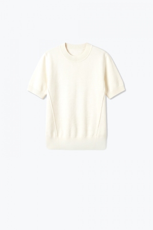 Suéter de manga corta de punto fino acanalado en mezcla de lana merino color crema