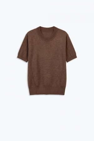 Suéter de Manga Corta de Punto Fino de Mezcla de Lana Merino Color Camel
