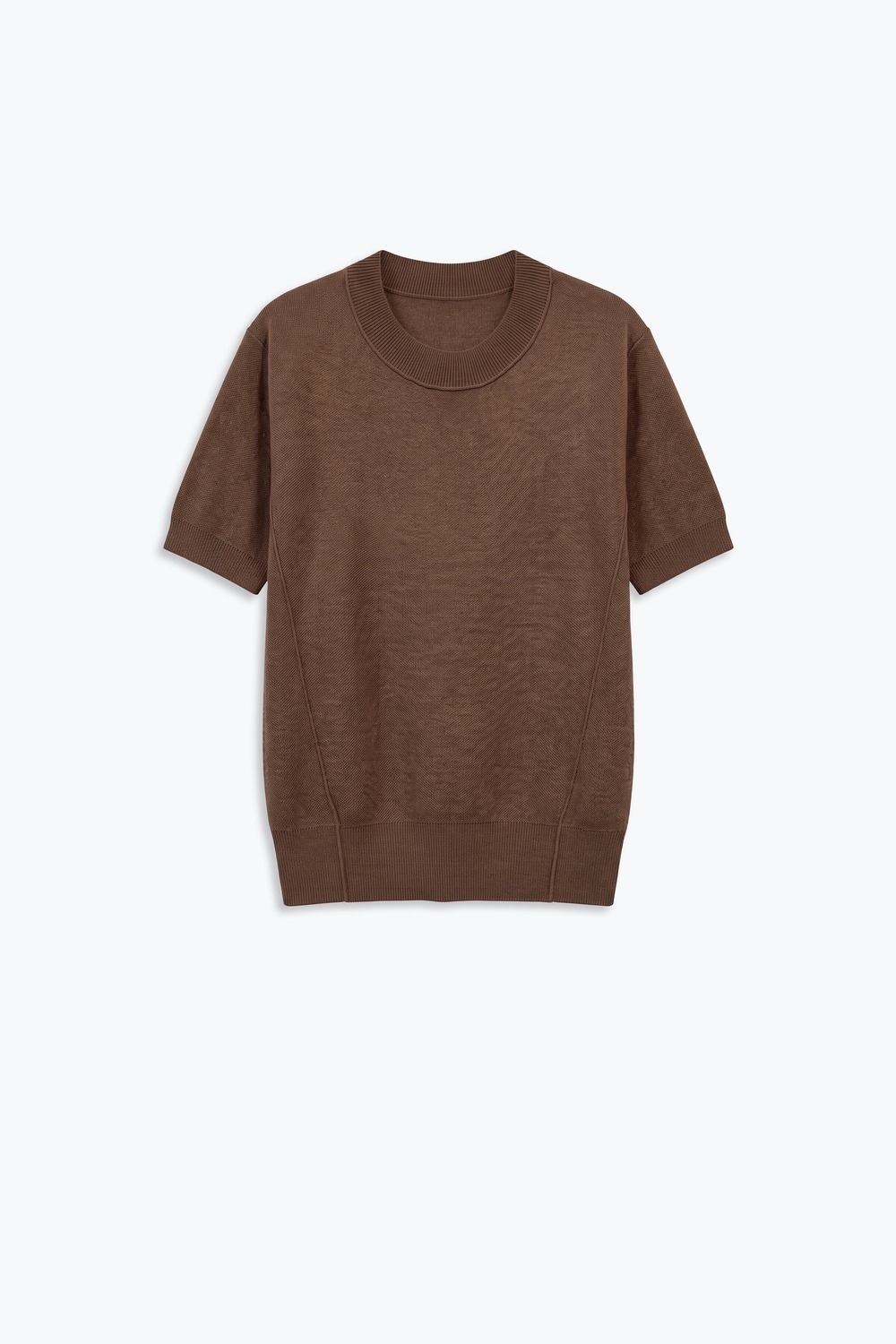 Su&eacute;ter de Manga Corta de Punto Fino de Mezcla de Lana Merino Color Camel