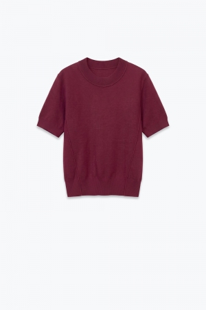 Mezcla de Lana Merino Borgoña Jersey de Punto Fino de Manga Corta