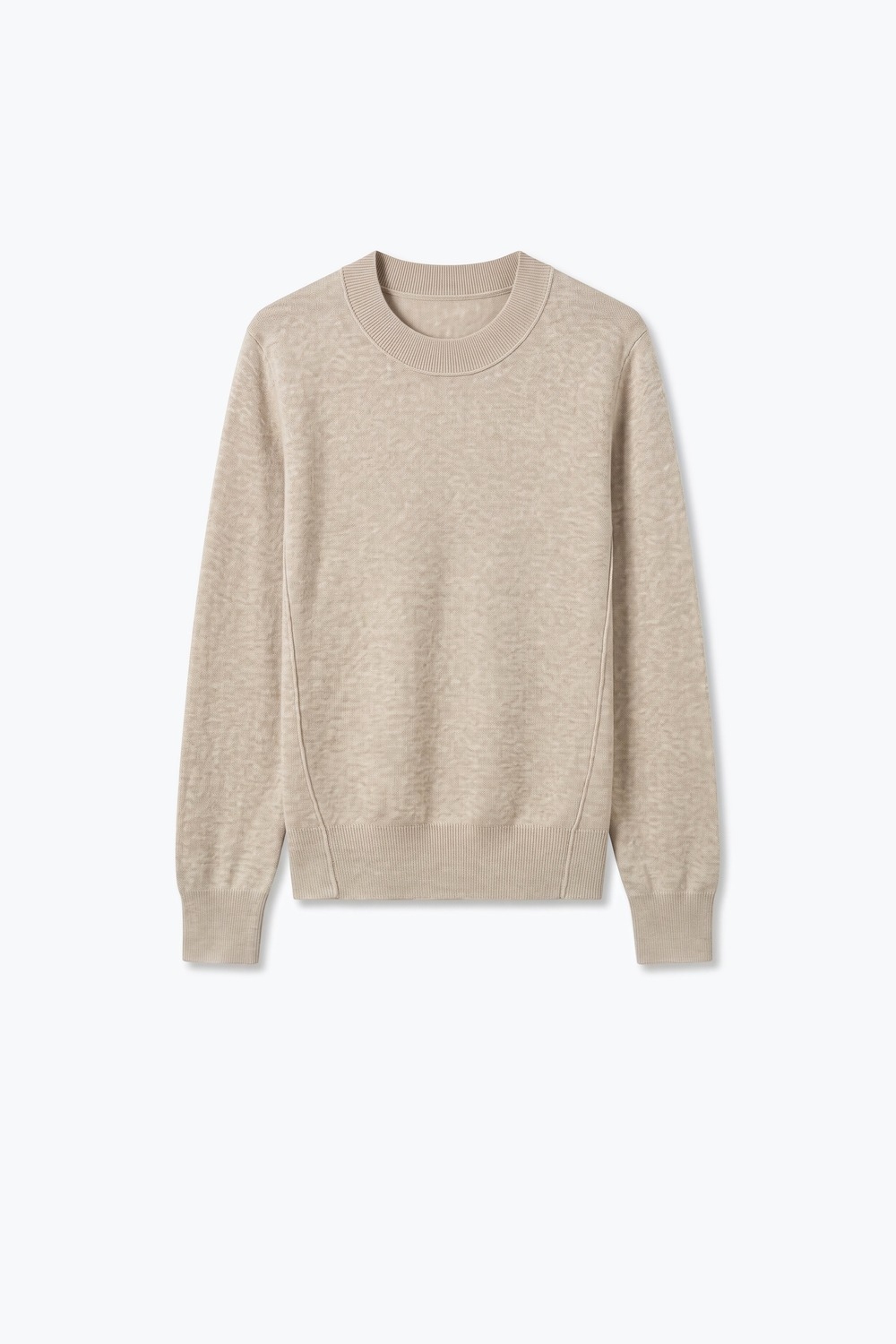 Su&eacute;ter Beige de Punto Fino con Cuello Redondo y Ribete Acanalado