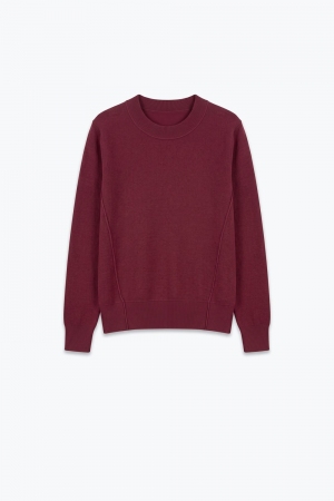 Suéter de manga larga de punto fino con ribete acanalado en mezcla de lana merino color burdeos