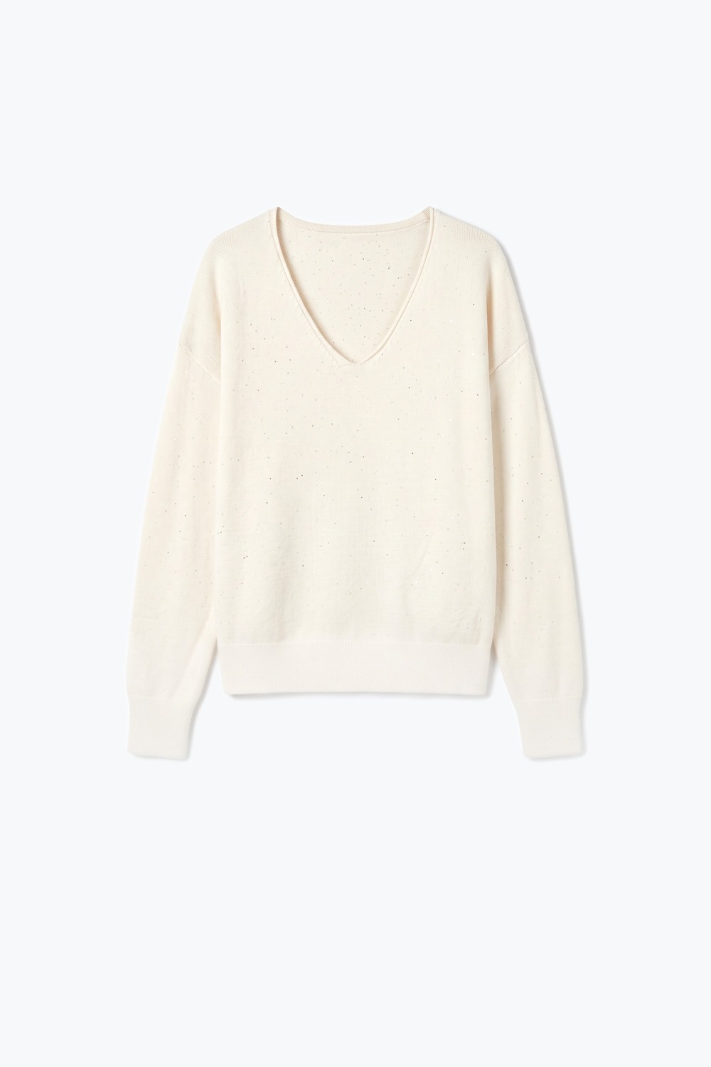 Su&eacute;ter de punto fino color crema con cuello en V ribete acanalado y lentejuelas adornadas