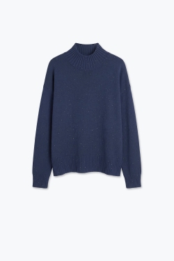 Suéter de cuello alto acanalado de punto suave con lentejuelas adornadas en color azul marino