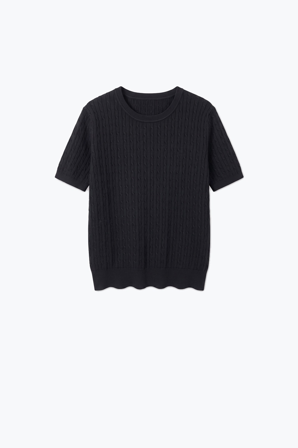 Su&eacute;ter Negro de Punto Cableado con Cuello Redondo y Manga Corta