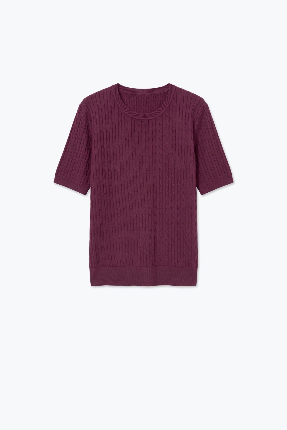 Su&eacute;ter morado de cuello redondo de punto cableado con manga corta
