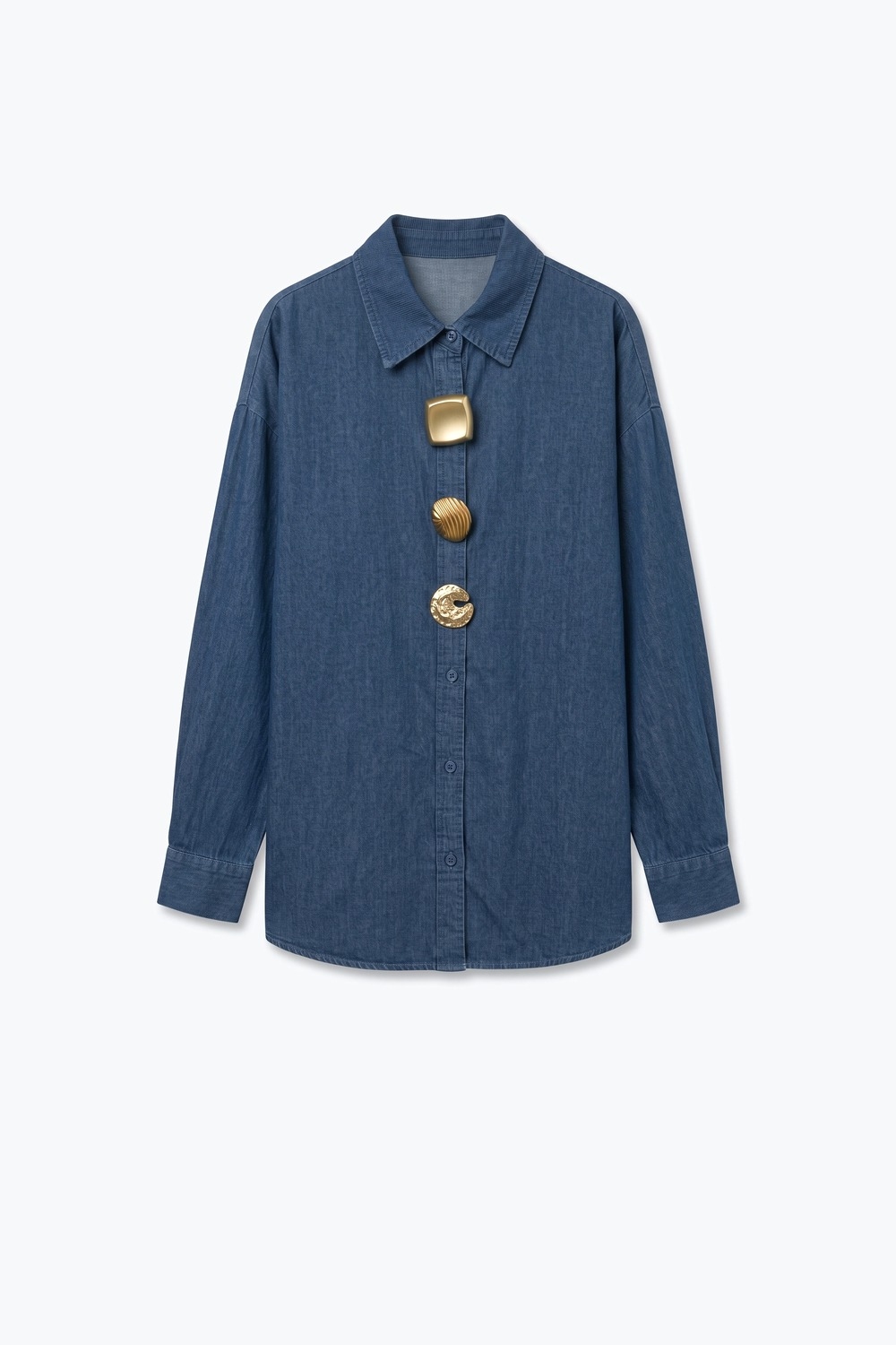 Camisa de botones dorados de chambray con lavado oscuro azul denim Camisa de botones dorados de chambray con lavado oscuro azul denim