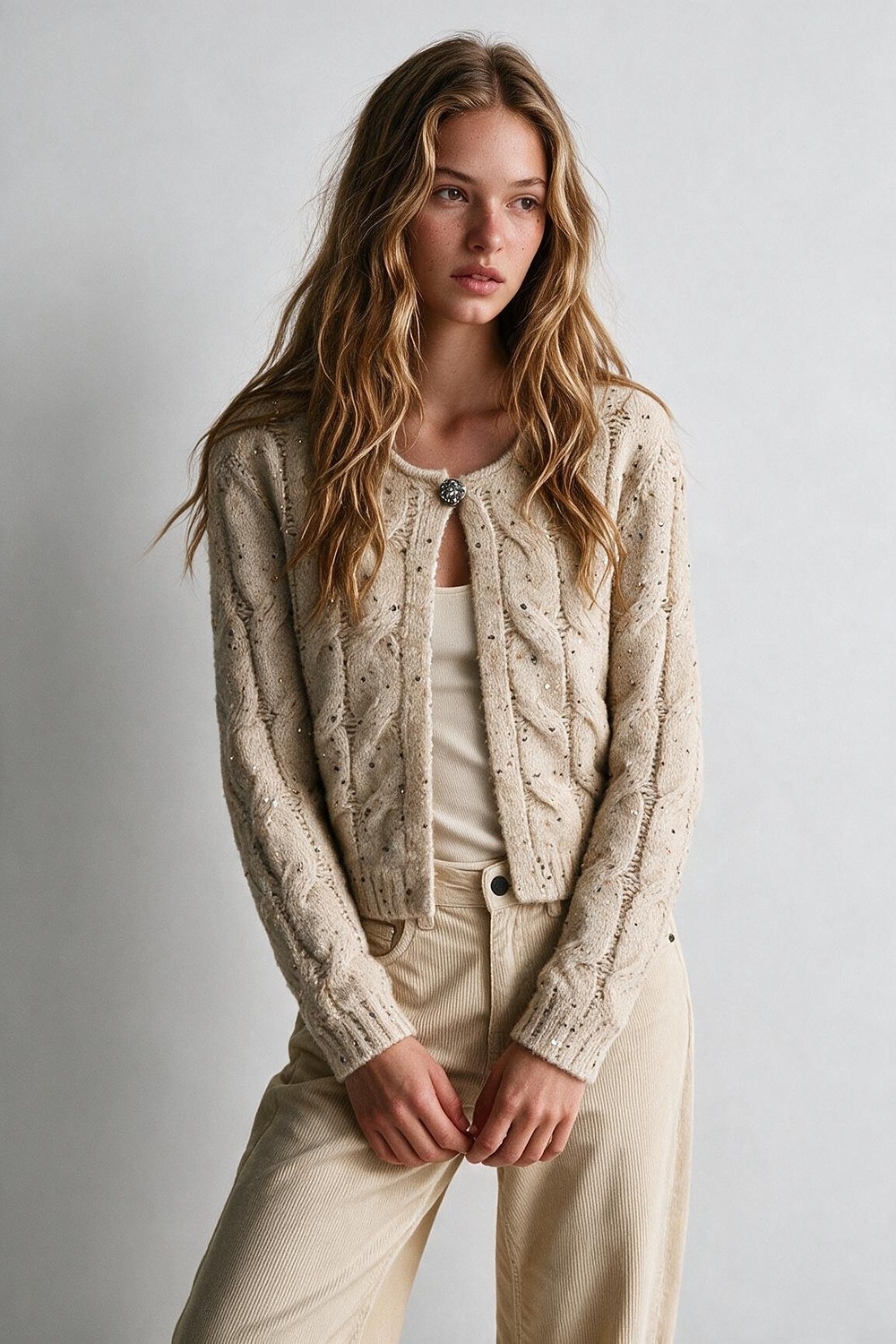 Cardigan corto beige de lentejuelas con botones y tejido grueso de punto de cable Cardigan corto beige de lentejuelas con botones y tejido grueso de punto de cable