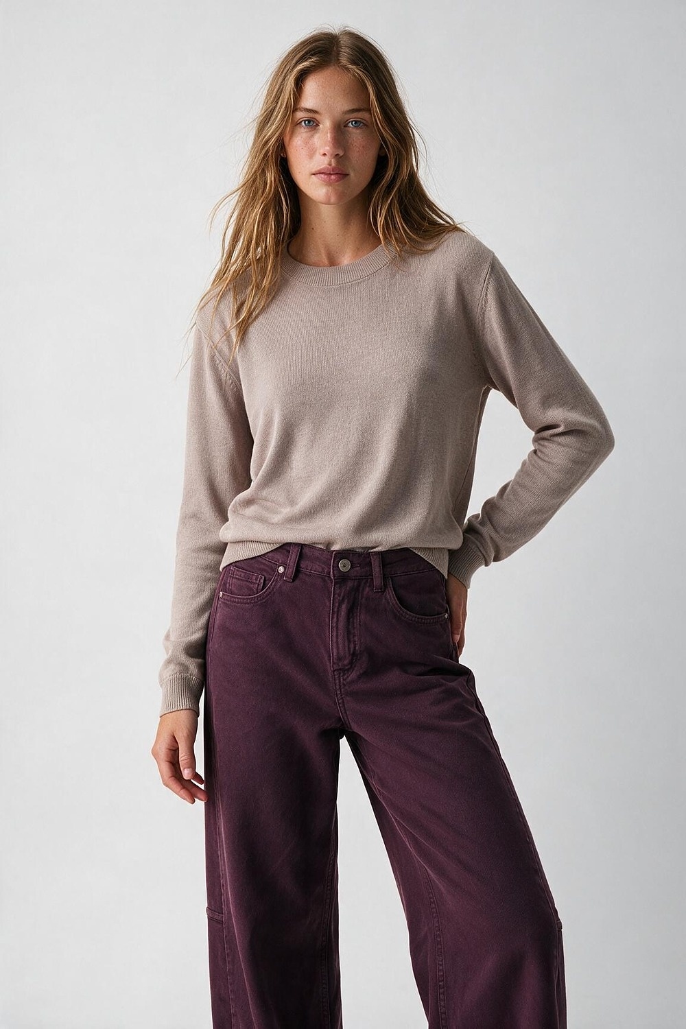 Su&eacute;ter de punto fino mezcla de lana merino cuello redondo color rosa viejo