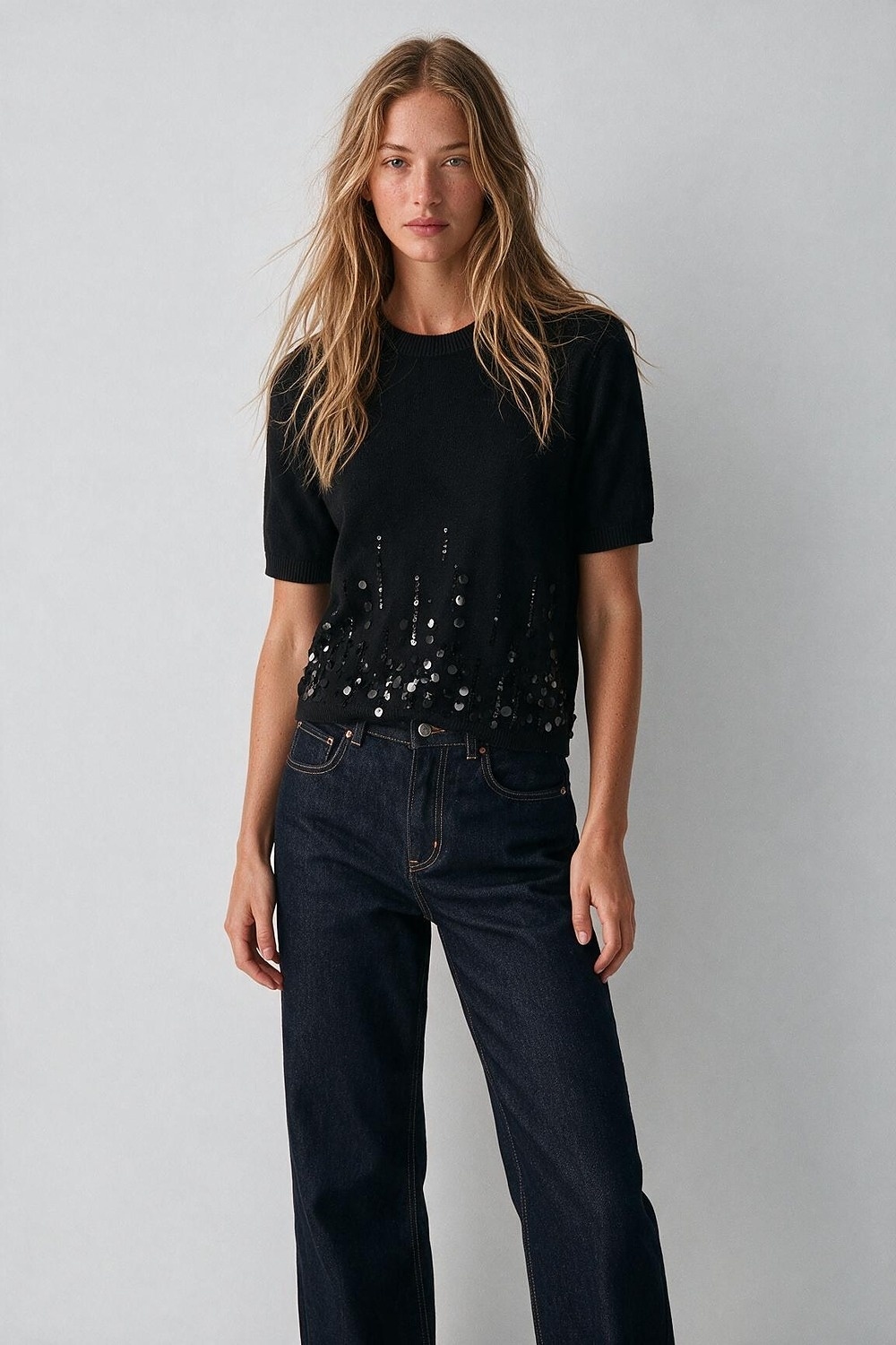Black Knit Short Sleeve Top with Embellished Hem Black Knit Short Sleeve Top with Embellished Hem