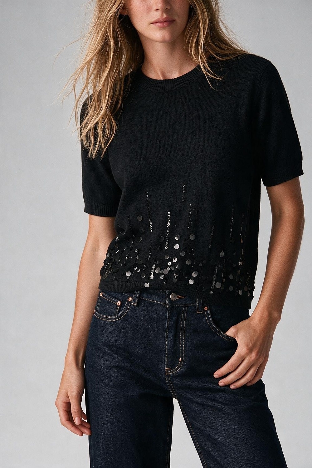 Black Knit Short Sleeve Top with Embellished Hem Black Knit Short Sleeve Top with Embellished Hem