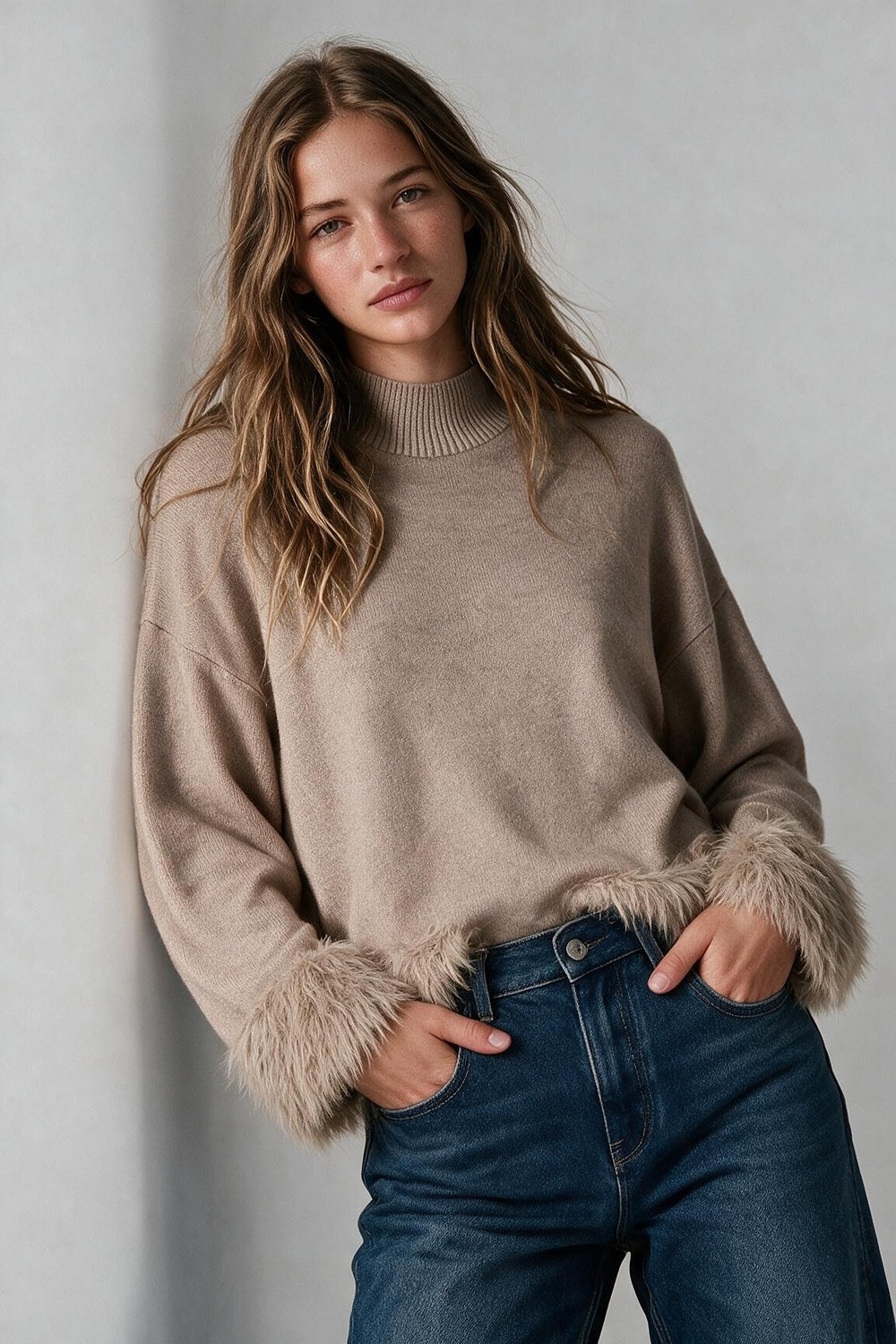 Su&eacute;ter Beige de Punto Suave con Ribete de Piel Sint&eacute;tica y Cuello Simulado