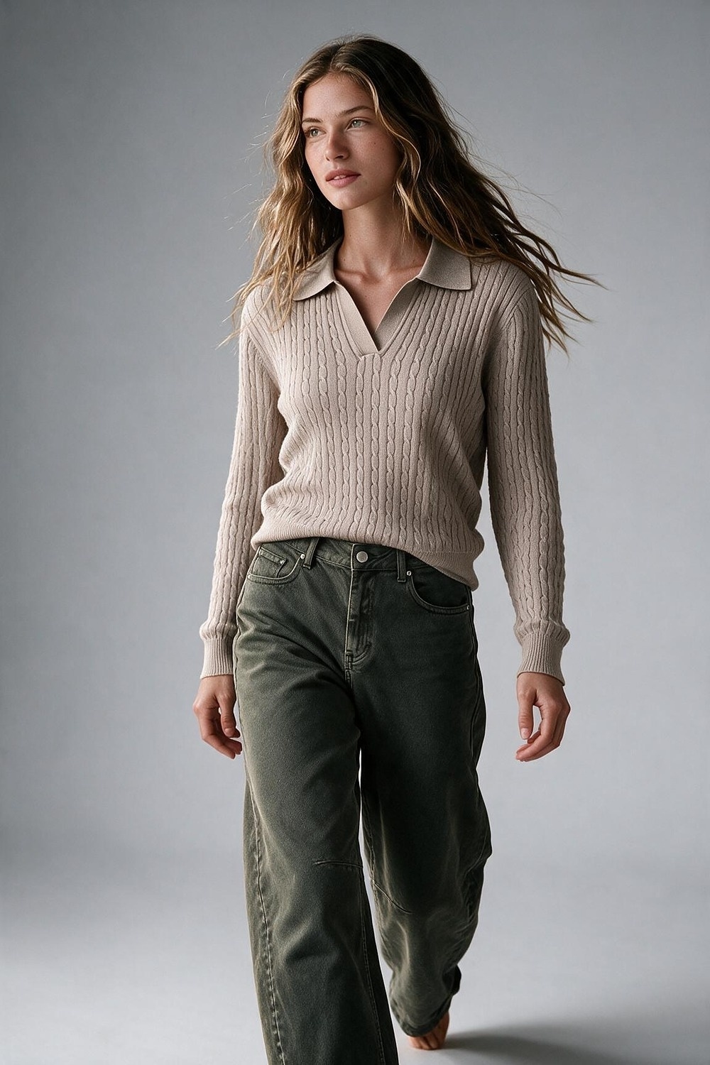Su&eacute;ter de Punto con Cuello Polo de Mezcla de Lana Merino Rosa con Textura de Cable y Ribete Acanalado