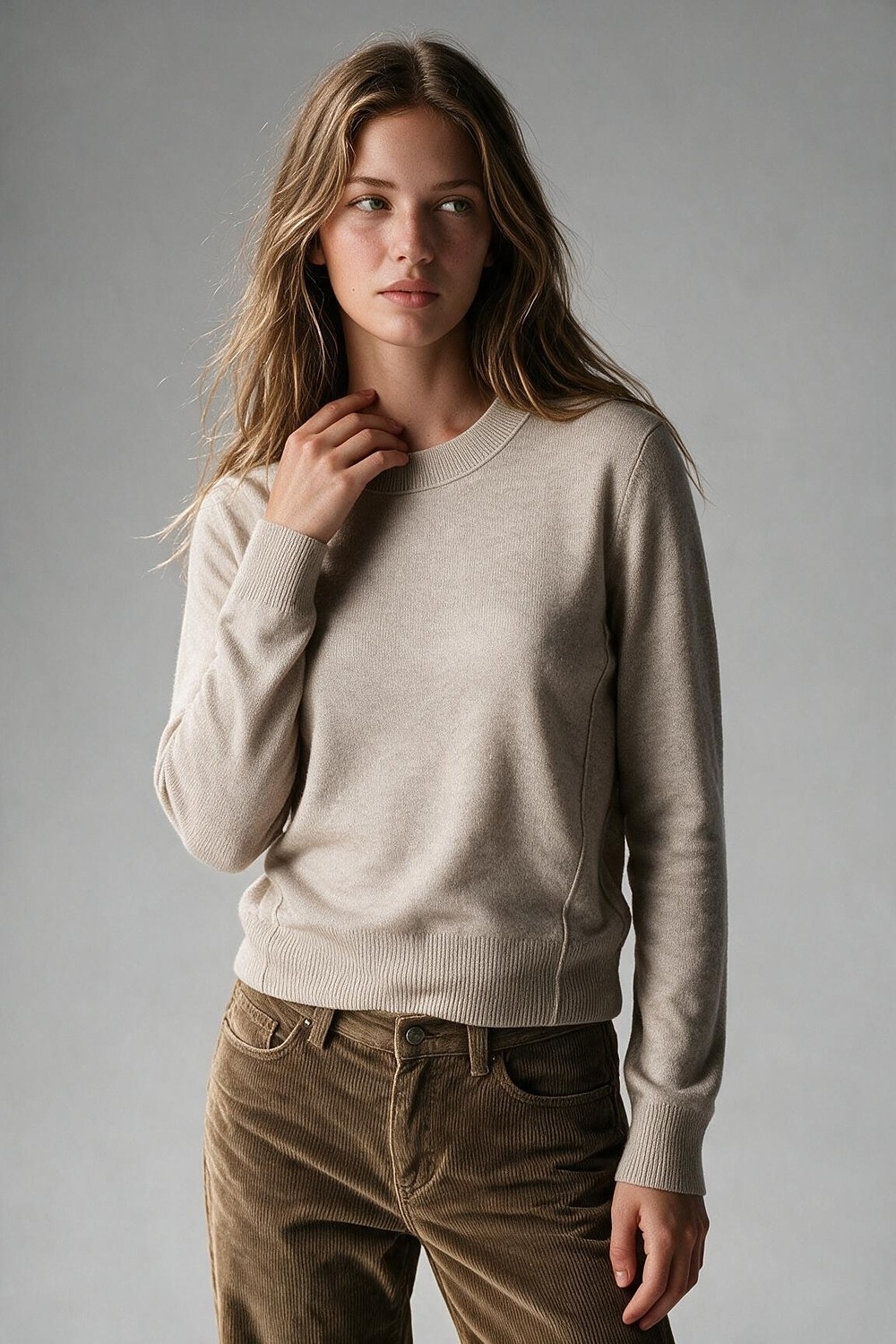 Su&eacute;ter Beige de Punto Fino con Cuello Redondo y Ribete Acanalado